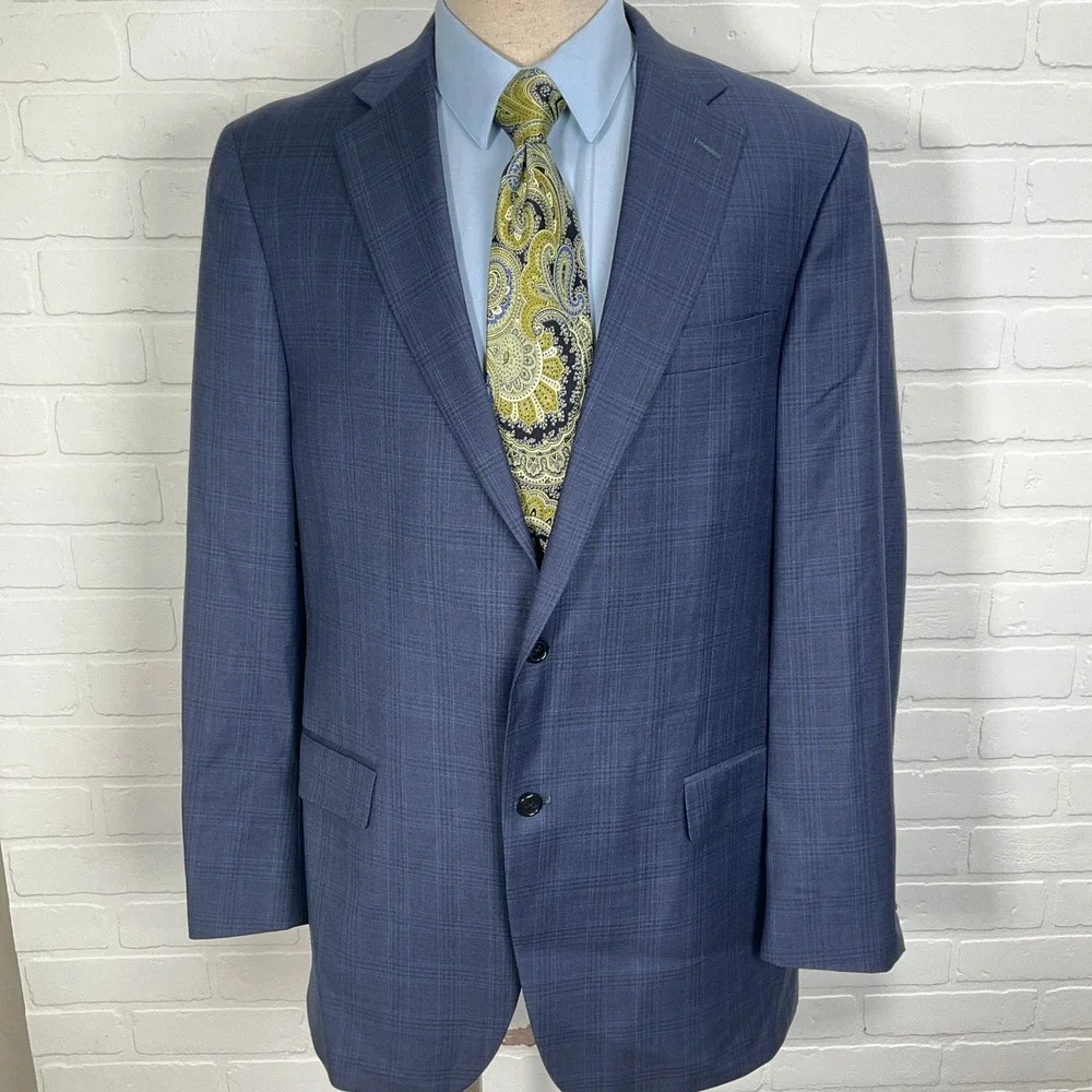 Hart Schaffner Marx Blazer Men 44L Blue Plaid‎ Two Button VTG Union USA Jacket